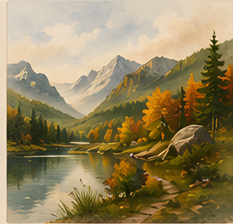 Painting of a mountain lake in autumn